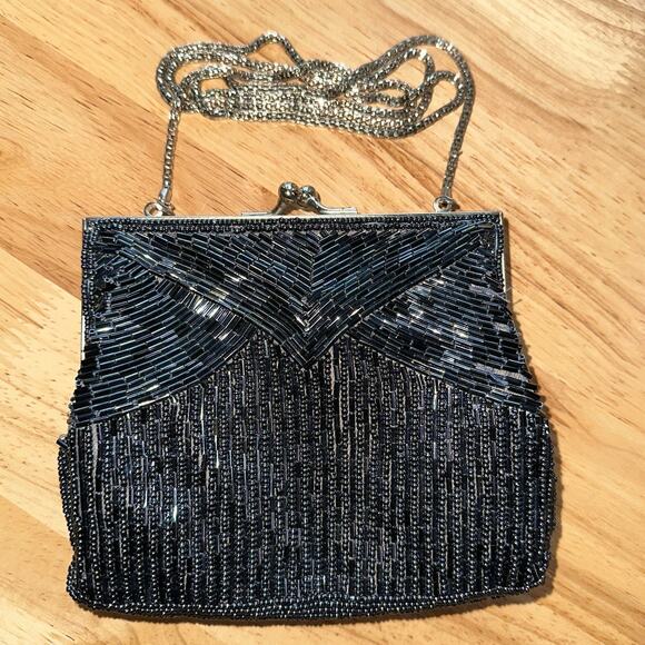 Vintage Magid Women's Pewter Beaded Black Evening Bag Snap Top Chain Strap Purse - Picture 1 of 5